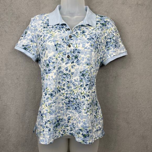 Lauren Ralph Lauren Womens Blue Floral Polo Shirt SZ L Preppy Bloomcore Spring - Picture 1 of 10